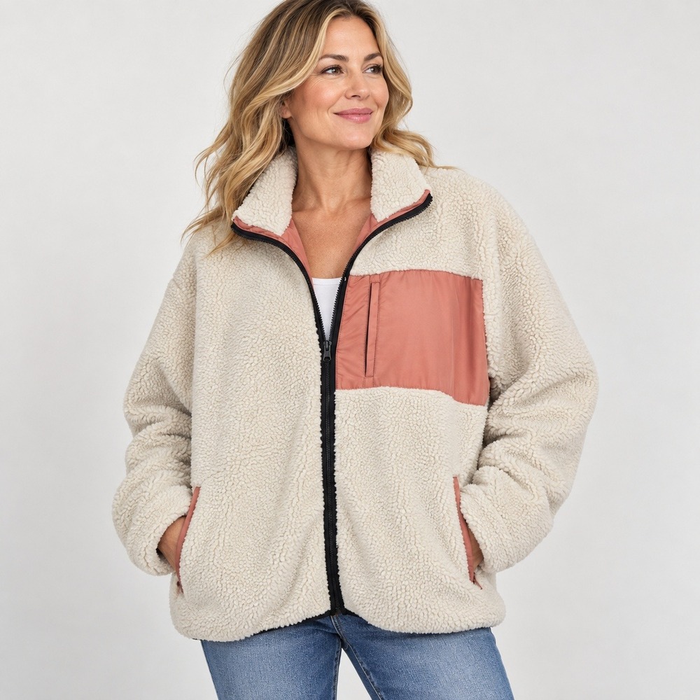WeSC Moritz Womens XXL Teddy Fleece Jacket Cream Coral Pink Colorblock Full Zip